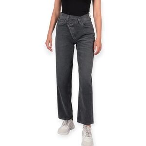 Agolde Criss Cross High Waist Loose Straight Jeans in Synchronize Gray Black 23
